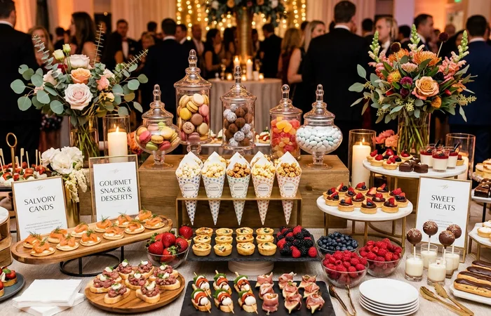 Montaje de barra de snacks con variedad de botanas y bocadillos para eventos