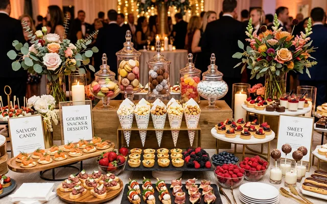Montaje de barra de snacks con variedad de botanas y bocadillos para eventos