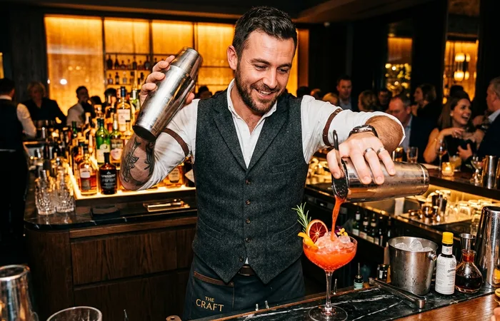 Bartender profesional preparando bebidas y coctelería para eventos