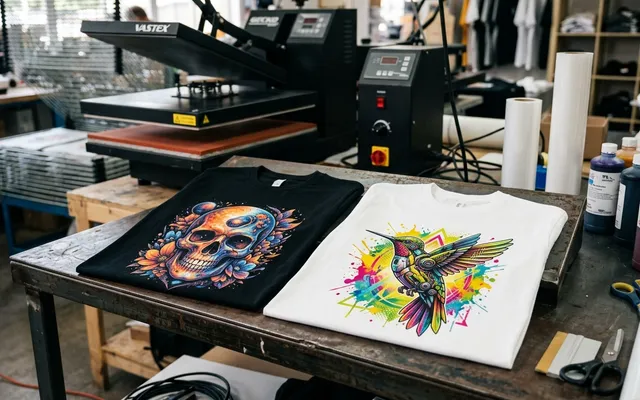 Muestra de estampado DTF textil con colores vivos y detalle de alta resolución sobre prenda de algodón