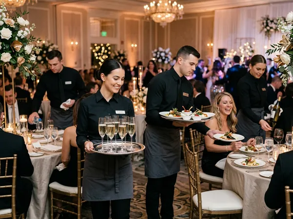 Personal de meseros en servicio de mesa y banquete